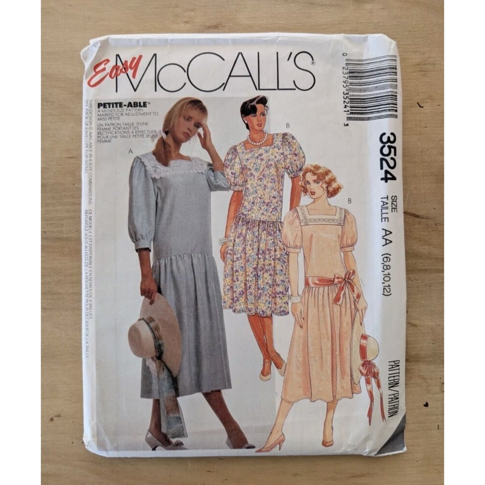 McCalls 3524 Vintage Drop Waist Dress Sewing Pattern Size 6 8 10 12 Cut Complete